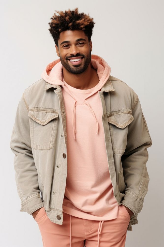 Man in the outfit is wearing a jean jacket fashion smile coat. AI generated Image by rawpixel.