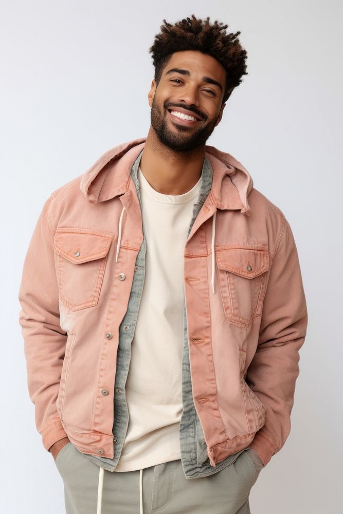 Man in the outfit is wearing a jean jacket smile white background individuality. AI generated Image by rawpixel.