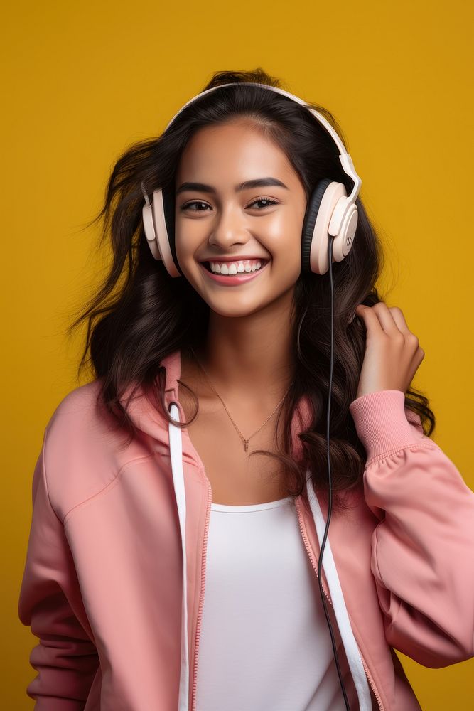 Thai teenager wear a headphone headphones headset smile. AI generated Image by rawpixel.