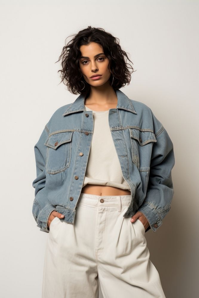 Woman in the outfit is wearing a jean jacket jeans fashion denim. AI generated Image by rawpixel.