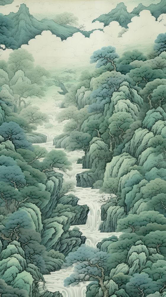 Japanese woodblock print outdoors nature forest. AI generated Image by rawpixel.