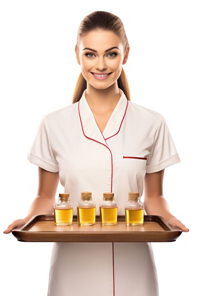 Professional masseuse in spa uniform holding tray with aroma oil massage bottle white background refreshment. AI generated…