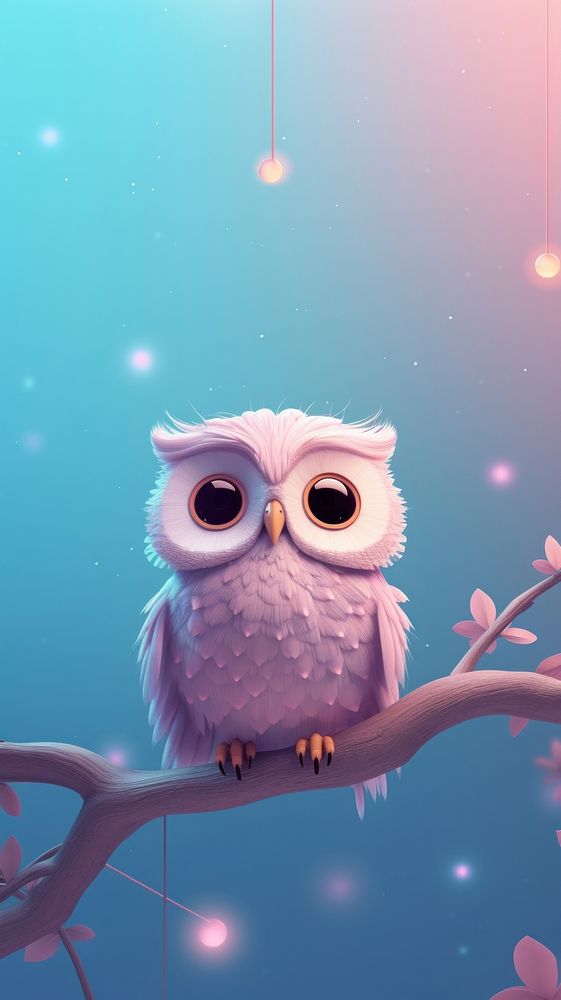 Owl standing on a branch in pastel forest cartoon animal nature. AI generated Image by rawpixel.