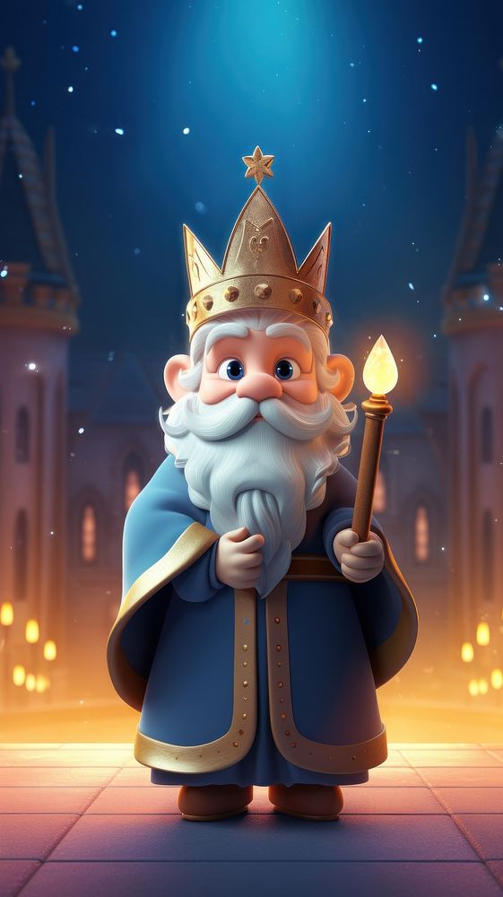 Old wizard holding wand in magical castle cartoon glowing representation. AI generated Image by rawpixel.