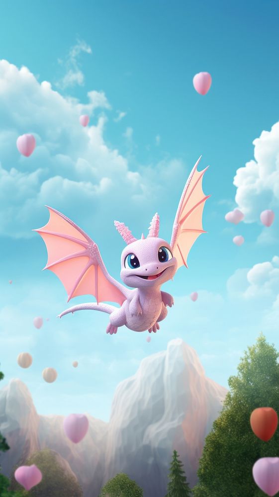 Dragon flying above pastel forest cartoon cute creativity. AI generated Image by rawpixel.