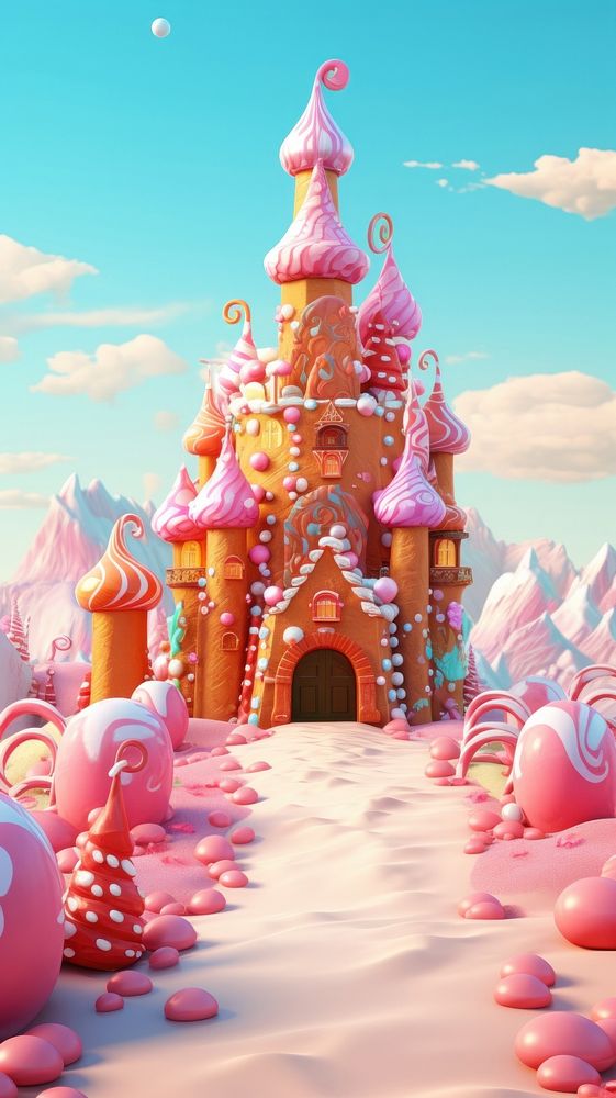 Gingerbreadcastle in candy land cartoon dessert confectionery. 