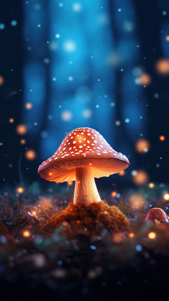 Glowing magic mushroom in forest fungus plant illuminated. 