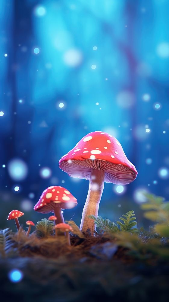 Glowing magic mushroom in forest fungus agaric plant. AI generated Image by rawpixel.