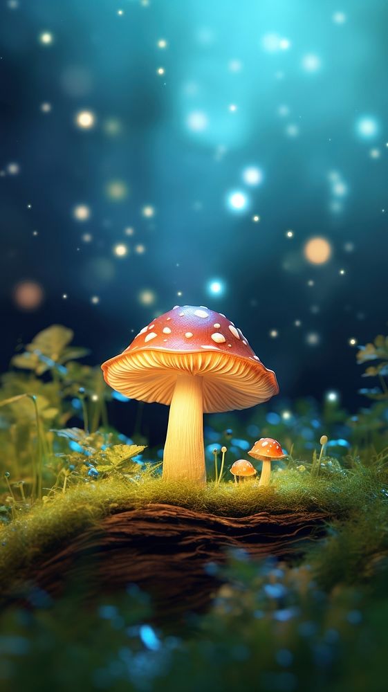 Glowing magic mushroom in forest outdoors fungus plant. AI generated Image by rawpixel.