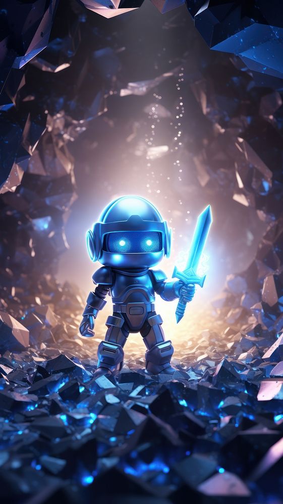 Knight prepare to fight in magic crystal cave glowing cartoon toy. AI generated Image by rawpixel.