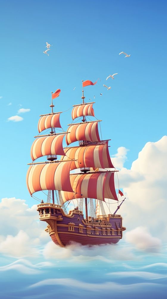 Pirate ship flying in the air watercraft sailboat vehicle. AI generated Image by rawpixel.