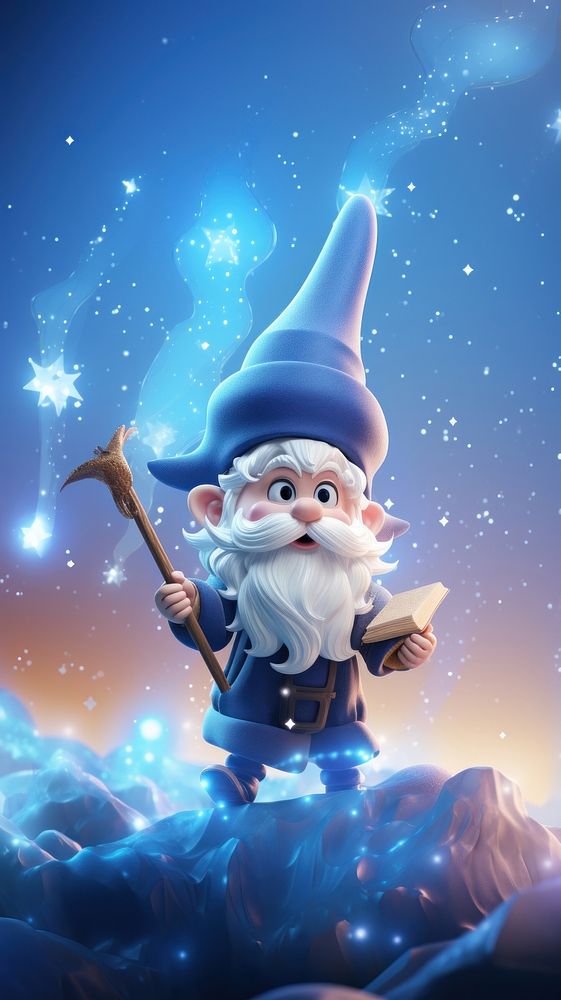 Wizard with magic trick in glowing magic mountain cartoon fantasy representation. 
