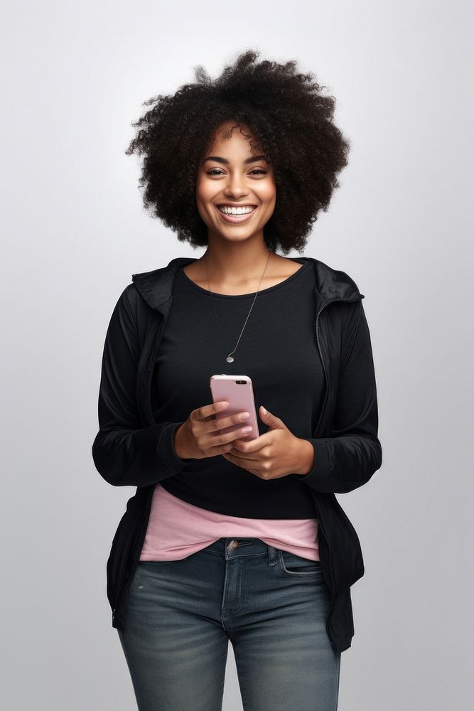 Black woman holding phone portrait smile adult. AI generated Image by rawpixel.