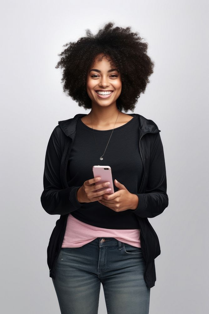 Black woman holding phone portrait smile adult. 