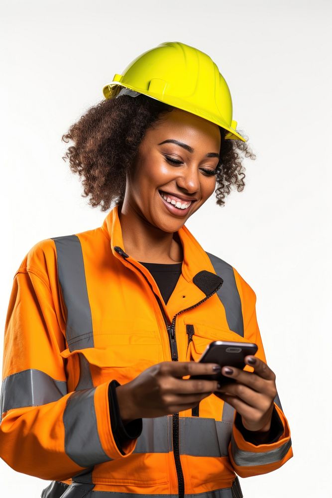 Black woman holding phone portrait hardhat helmet. AI generated Image by rawpixel.