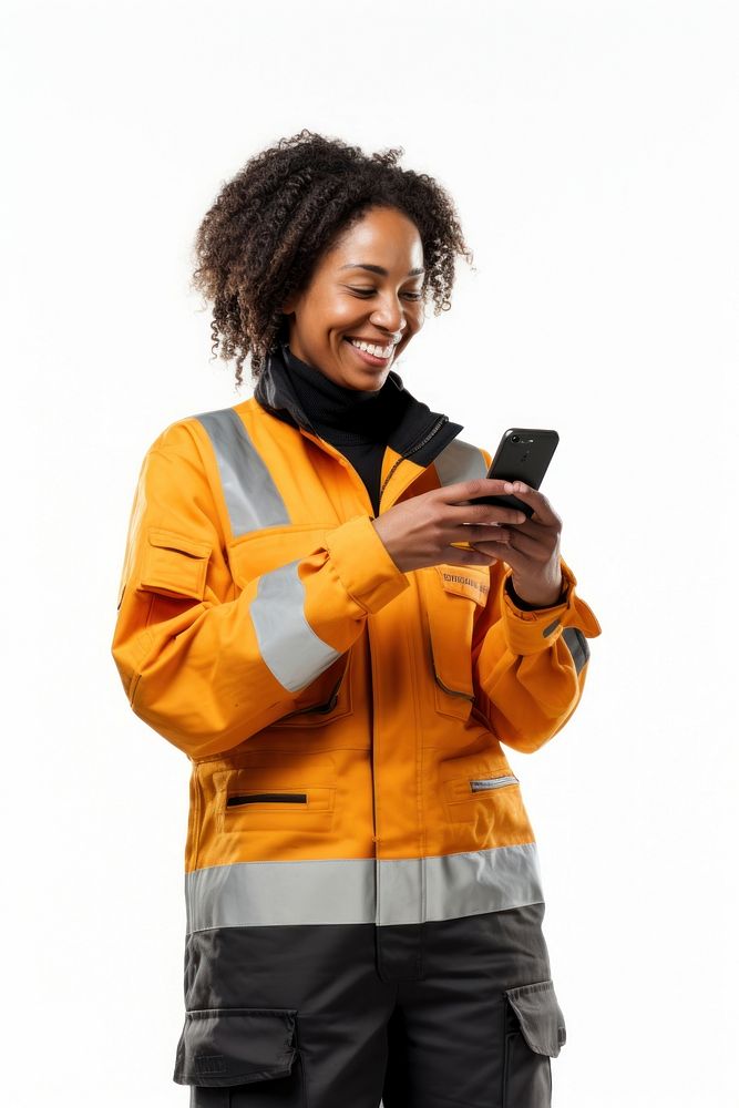 Black woman holding phone portrait jacket white background. AI generated Image by rawpixel.