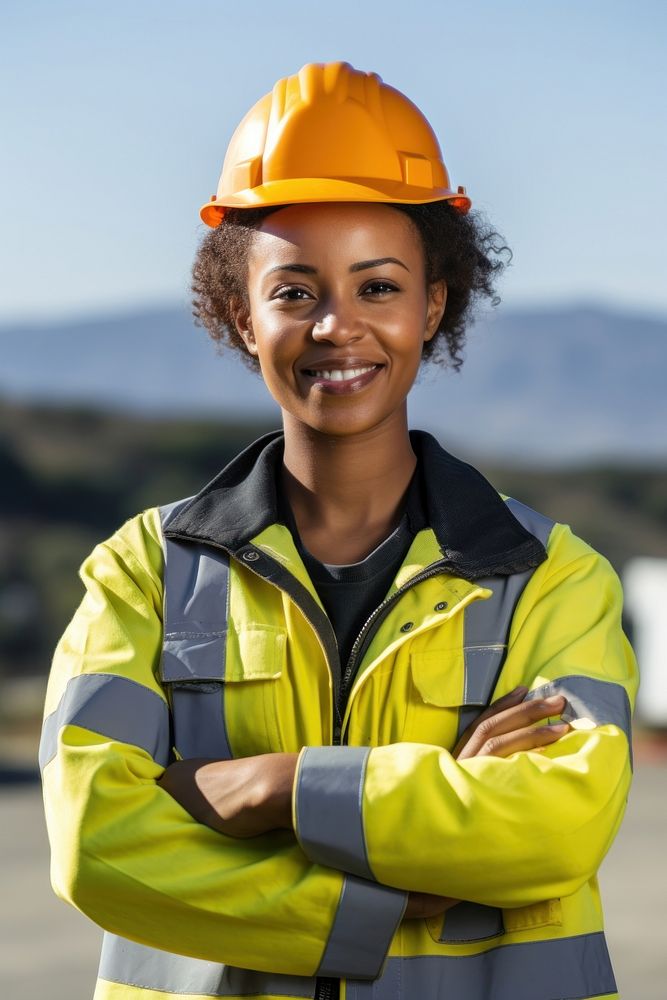 Dark skinned female construction worker portrait uniform hardhat. AI generated Image by rawpixel.