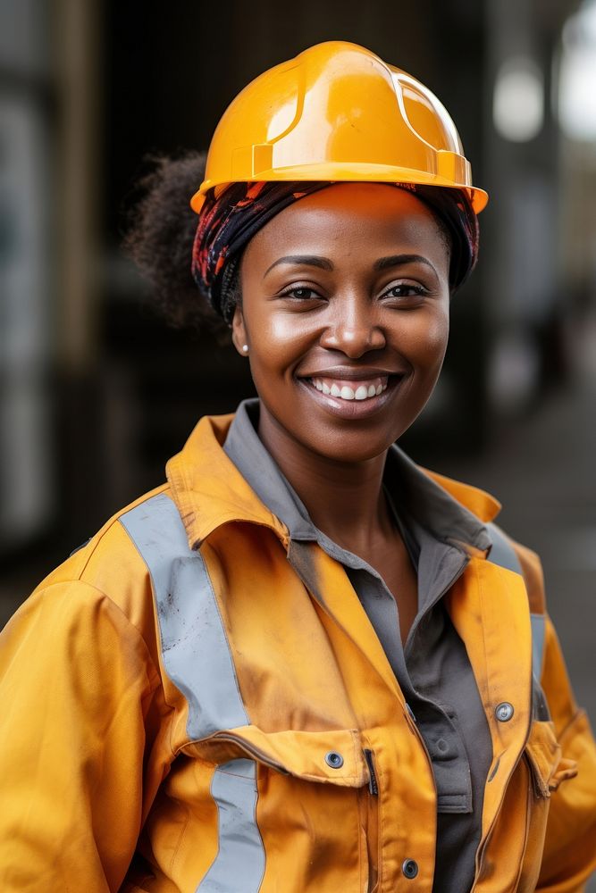 Dark skinned female construction worker portrait hardhat helmet. AI generated Image by rawpixel.