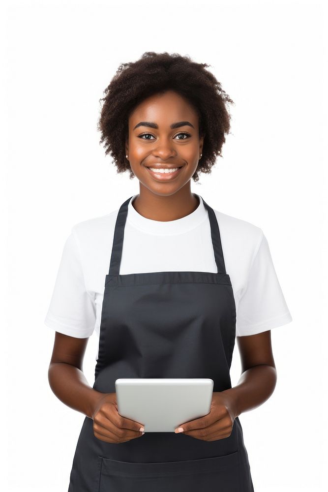 Woman holding a digital tablet portrait apron white background. AI generated Image by rawpixel.