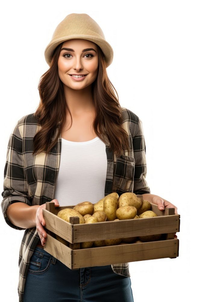 Female farmer holding potato crate vegetable portrait adult. AI generated Image by rawpixel.