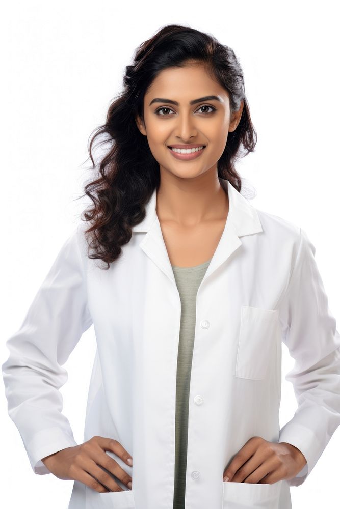 Indian female scientist portrait coat white background. 