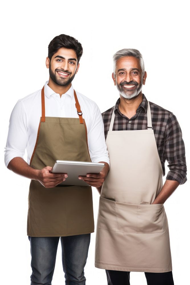 Man holding a digital tablet apron portrait clothing. AI generated Image by rawpixel.