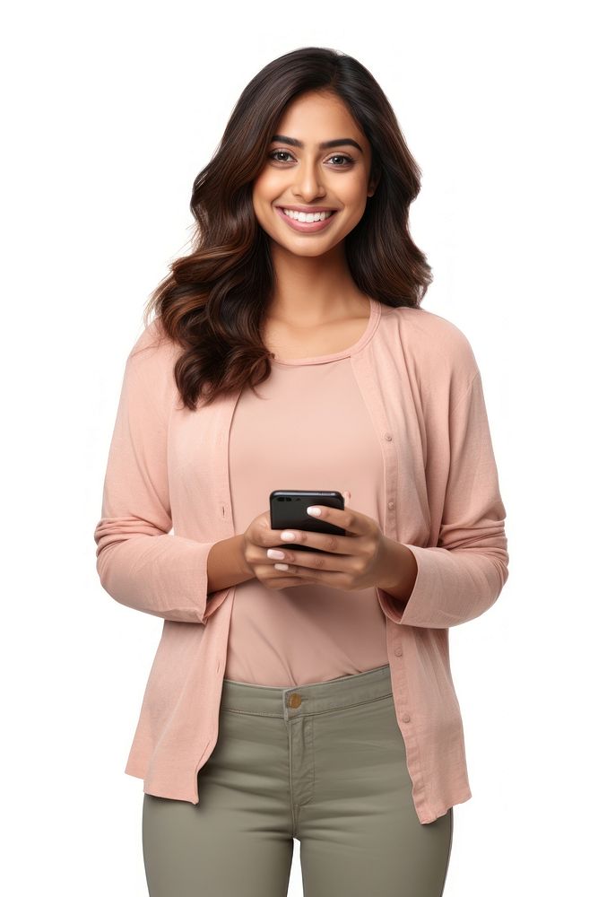 Indian woman holding phone portrait clothing sweater. AI generated Image by rawpixel.