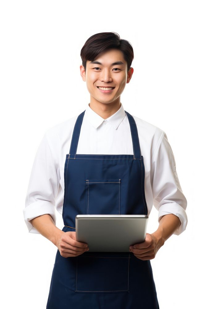 Man holding a digital tablet apron portrait computer. AI generated Image by rawpixel.
