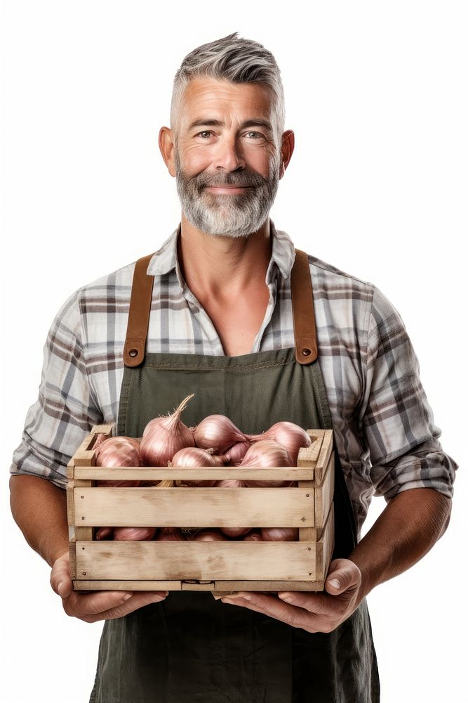 Male farmer holding onion crate portrait adult white background. AI generated Image by rawpixel.
