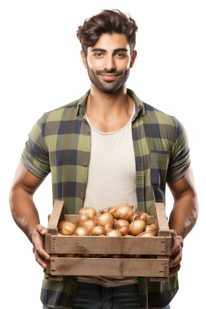 Male farmer holding onion crate vegetable portrait adult. AI generated Image by rawpixel.
