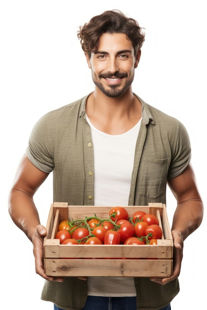 Male farmer holding tomato crate vegetable portrait adult. AI generated Image by rawpixel.