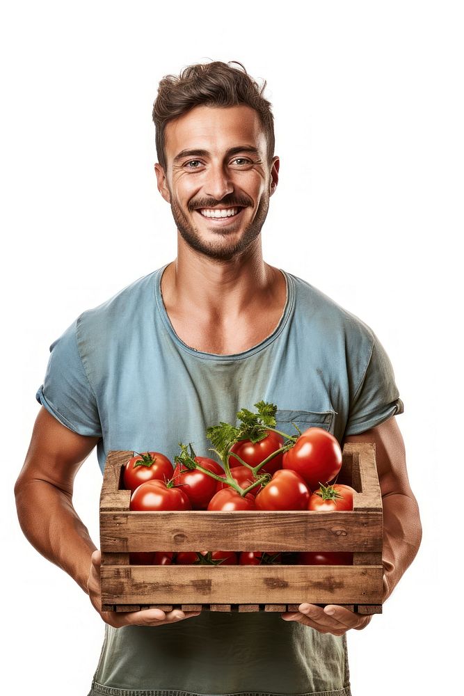 Male farmer holding tomato crate portrait vegetable clothing. AI generated Image by rawpixel.