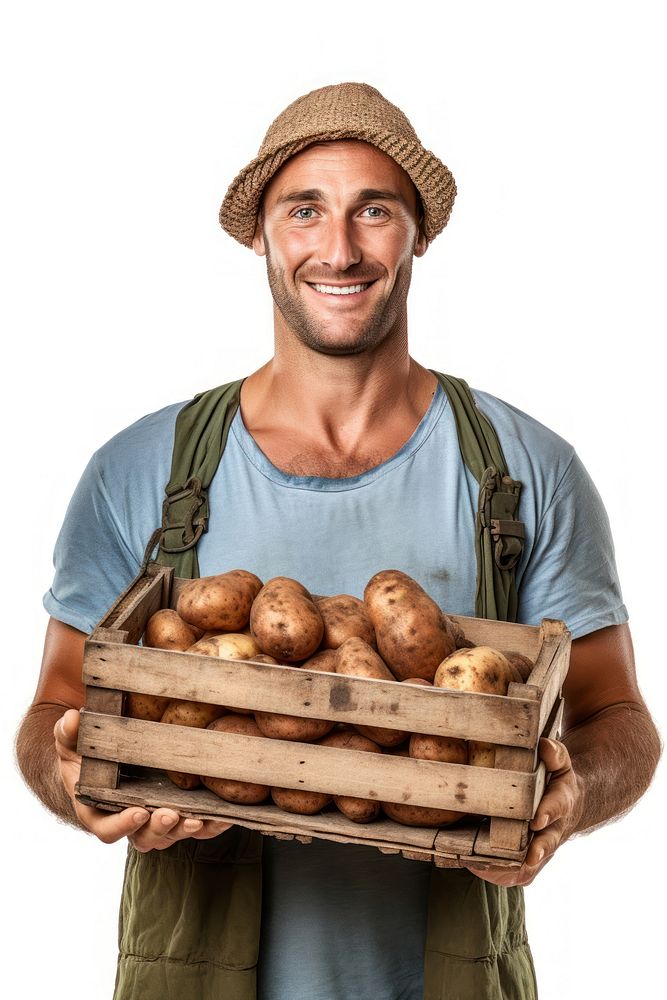 Male farmer holding potato crate vegetable portrait adult. AI generated Image by rawpixel.