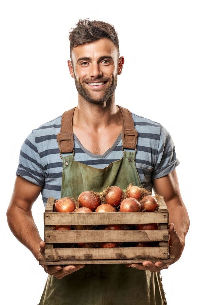 Male farmer holding onion crate portrait vegetable adult. AI generated Image by rawpixel.