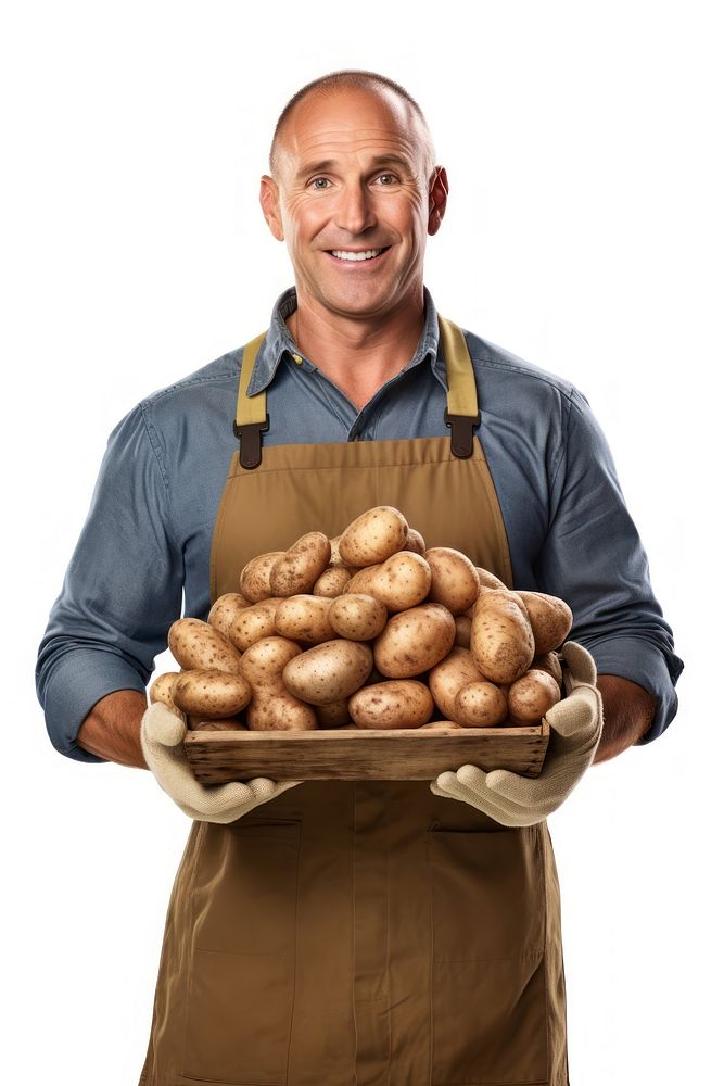 Male farmer holding potato crate vegetable portrait clothing. AI generated Image by rawpixel.