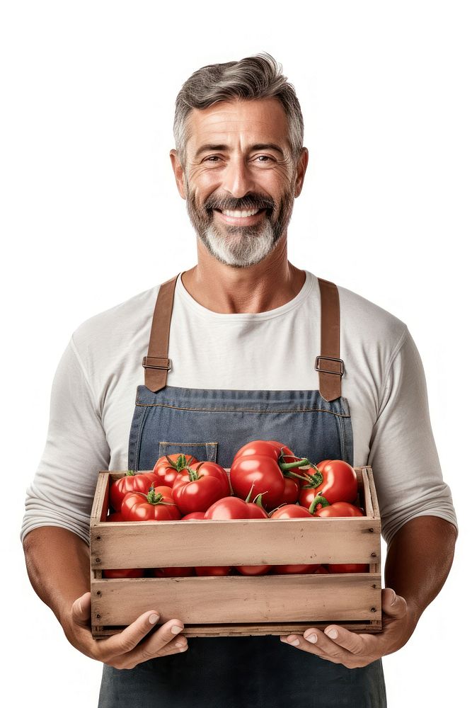 Male farmer holding tomato crate portrait adult food. AI generated Image by rawpixel.