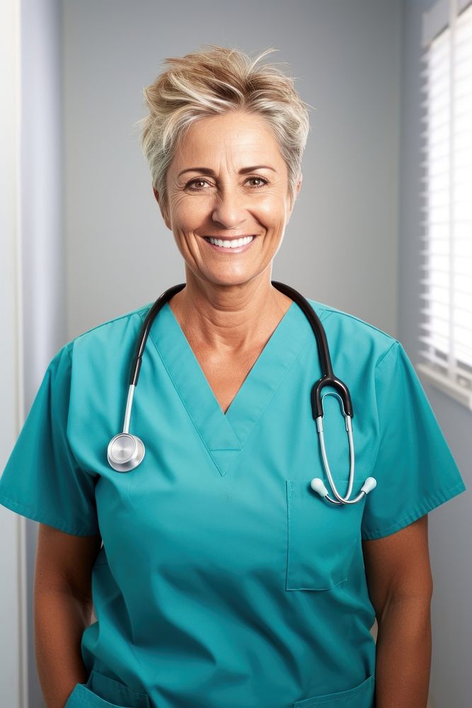 Mature female doctor portrait scrubs adult. AI generated Image by rawpixel.