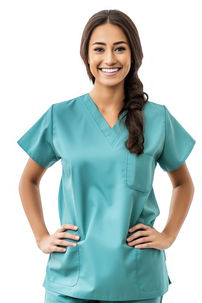 Mexican female doctor portrait scrubs blouse. 