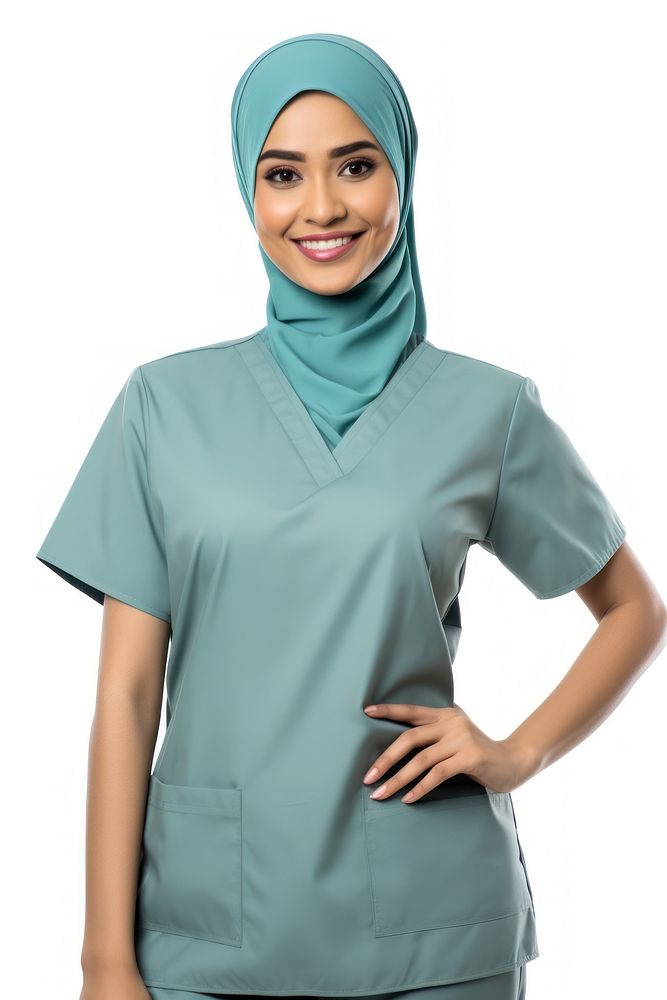 Muslim female doctor portrait adult white background. 