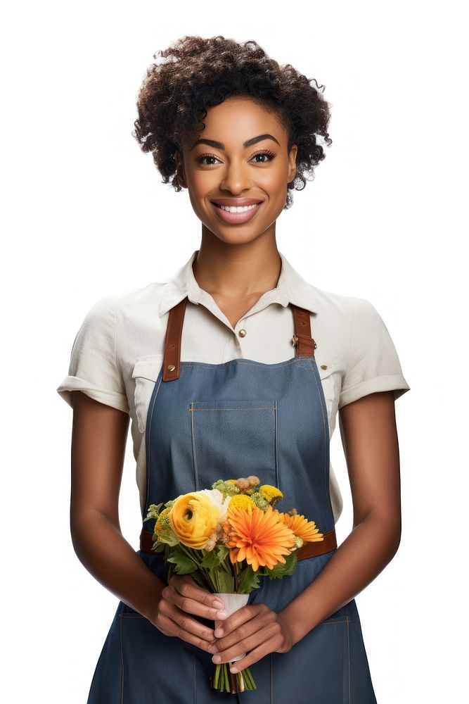 Dark skinned female florist portrait flower apron. AI generated Image by rawpixel.