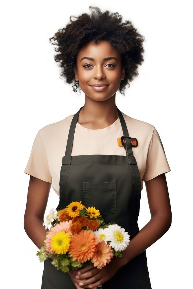 Dark skinned female florist portrait flower apron. AI generated Image by rawpixel.