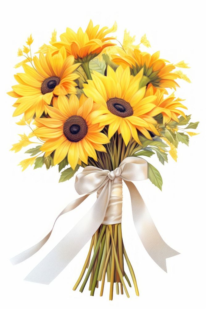 A sunflower bouquet ribbon plant white background. AI generated Image by rawpixel.