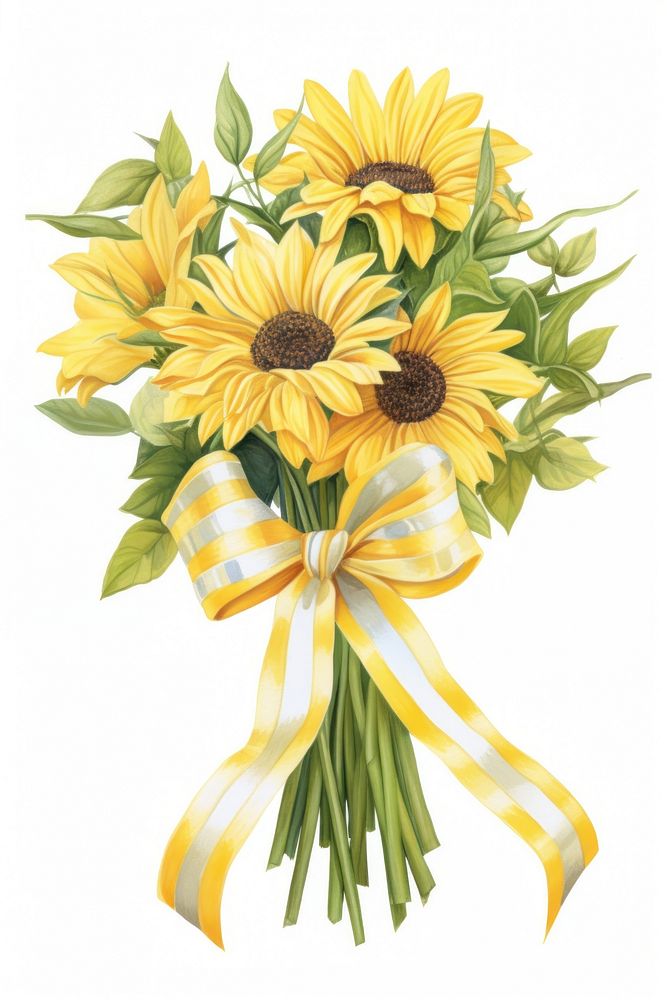 A sunflower bouquet ribbon plant white background. AI generated Image by rawpixel.