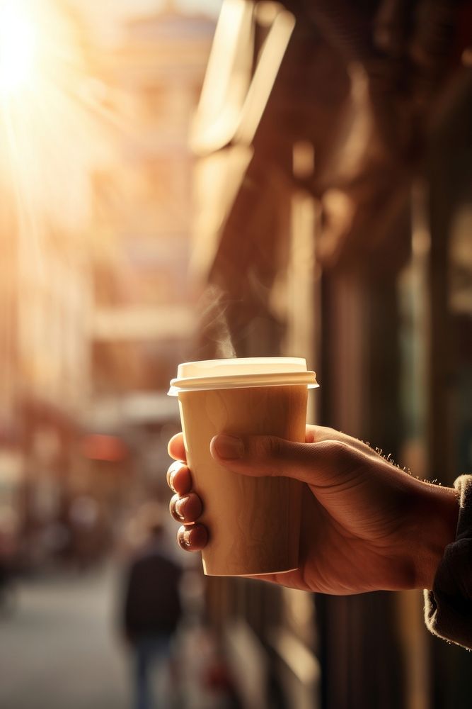 Hand holding a coffee cup against a cafe drink mug architecture. AI generated Image by rawpixel.