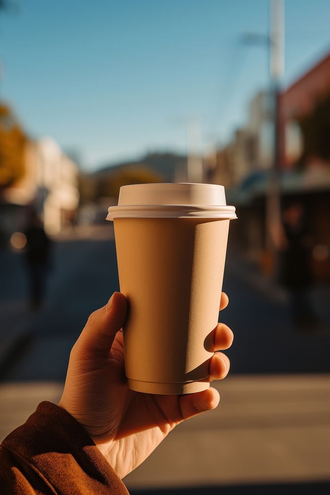 Hand holding disposable coffee cup against a coffee shop drink mug day. AI generated Image by rawpixel.