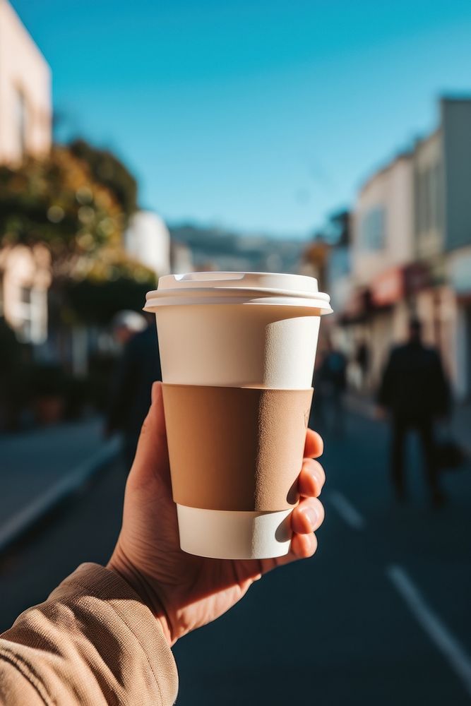 Hand holding disposable coffee cup against a street in town drink adult mug. AI generated Image by rawpixel.