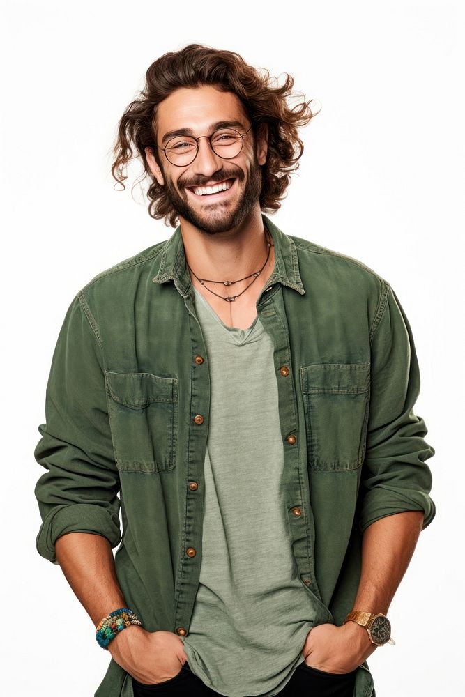 Authentic caucasian bearded man with glasses of toothy smiling dressed casual laughing portrait adult. AI generated Image by…