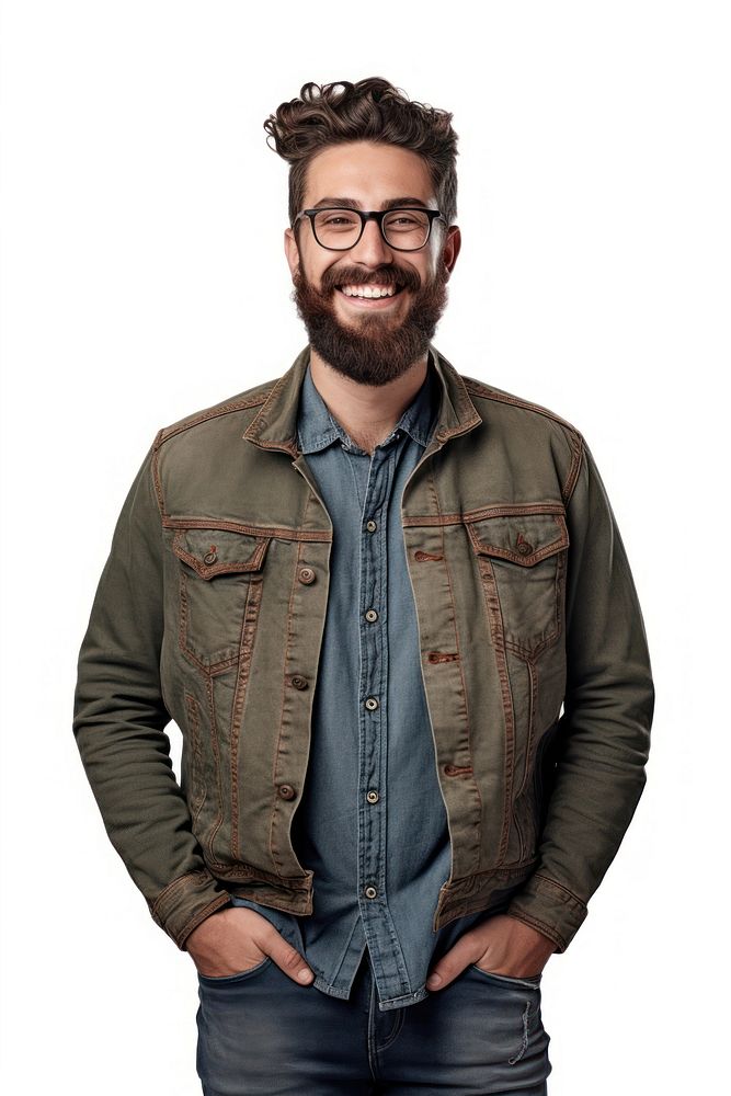 Authentic caucasian bearded man with glasses of toothy smiling dressed casual and crossed his arms portrait jacket adult. AI…