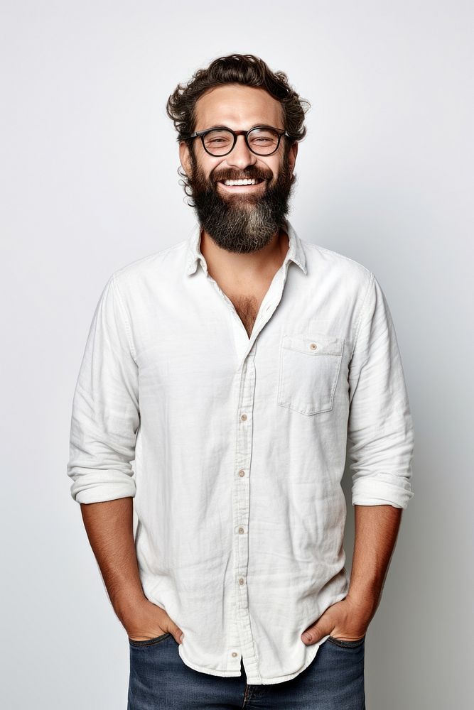 Authentic caucasian bearded man with glasses of toothy smiling dressed casual portrait sleeve shirt. AI generated Image by…