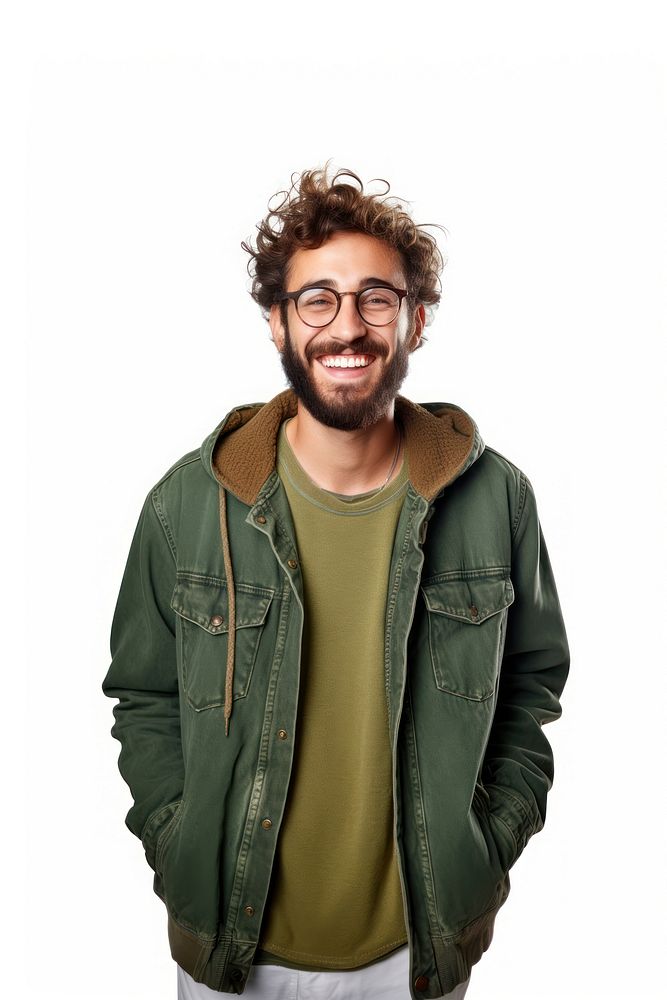 Authentic caucasian bearded man with glasses of toothy smiling dressed casual portrait jacket adult. AI generated Image by…